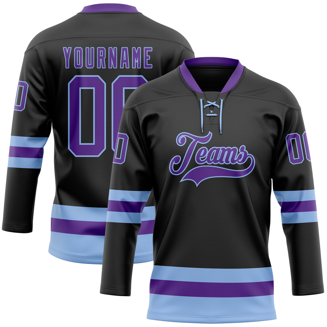 Custom Black Purple-Light Blue Hockey Lace Neck Jersey