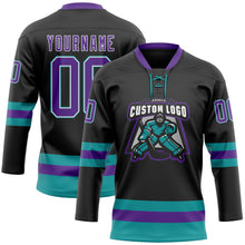 Загрузить изображение в средство просмотра галереи, Custom Black Purple-Teal Hockey Lace Neck Jersey
