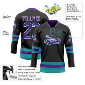 Custom Black Purple-Teal Hockey Lace Neck Jersey