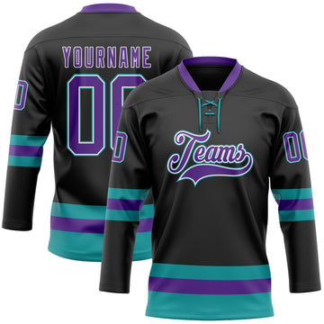 Custom Black Purple-Teal Hockey Lace Neck Jersey