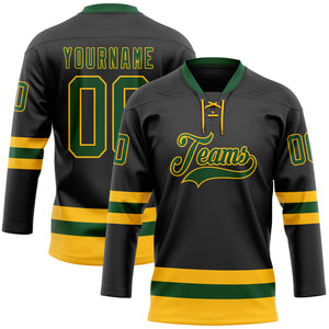 Custom Black Green-Gold Hockey Lace Neck Jersey