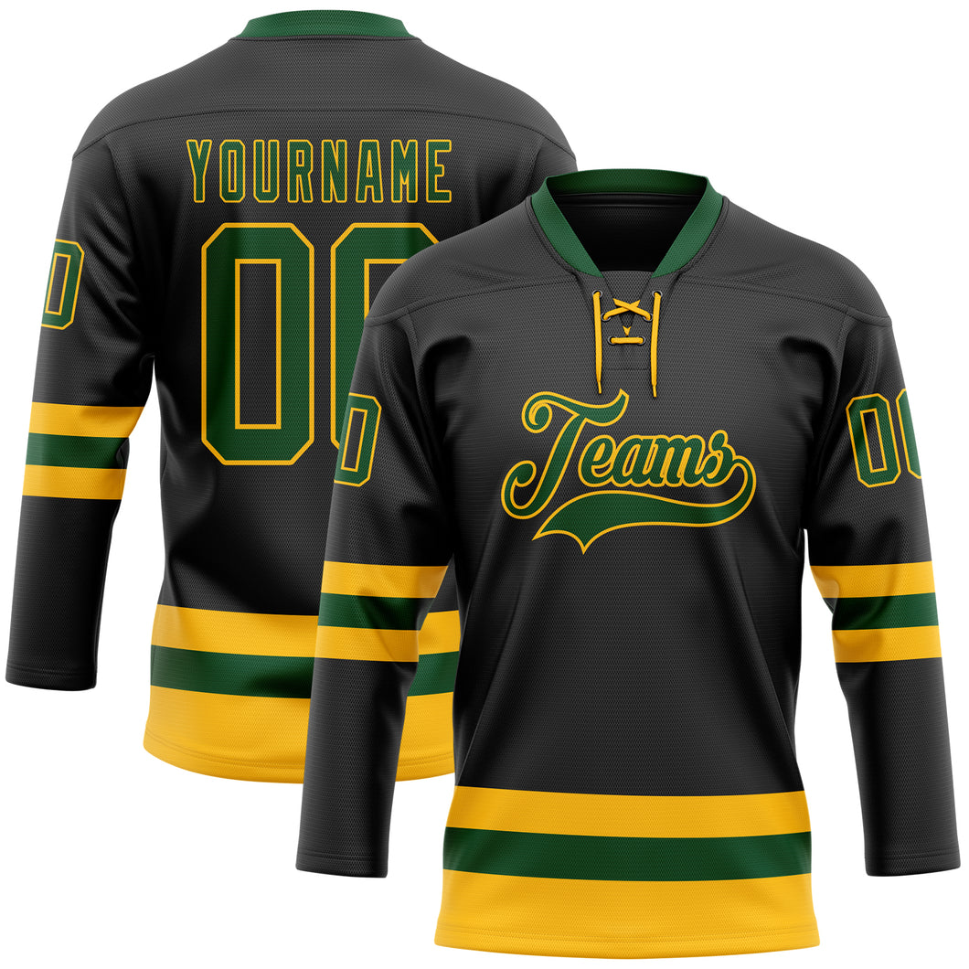 Custom Black Green-Gold Hockey Lace Neck Jersey