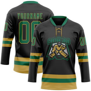 Custom Black Kelly Green-Old Gold Hockey Lace Neck Jersey