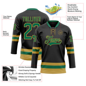 Custom Black Kelly Green-Old Gold Hockey Lace Neck Jersey