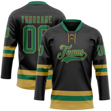 Загрузить изображение в средство просмотра галереи, Custom Black Kelly Green-Old Gold Hockey Lace Neck Jersey
