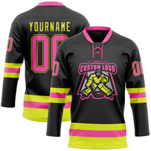 Загрузить изображение в средство просмотра галереи, Custom Black Pink-Neon Yellow Hockey Lace Neck Jersey
