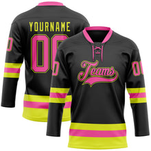 Загрузить изображение в средство просмотра галереи, Custom Black Pink-Neon Yellow Hockey Lace Neck Jersey
