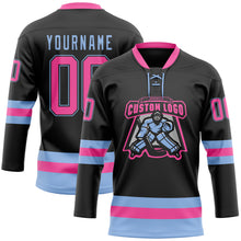 Загрузить изображение в средство просмотра галереи, Custom Black Pink-Light Blue Hockey Lace Neck Jersey
