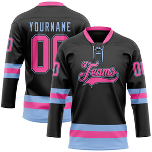 Custom Black Pink-Light Blue Hockey Lace Neck Jersey