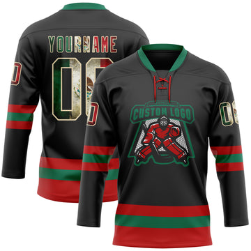 Custom Black Vintage Mexican Flag Cream Red-Kelly Green Hockey Lace Neck Jersey