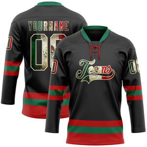 Custom Black Vintage Mexican Flag Cream Red-Kelly Green Hockey Lace Neck Jersey