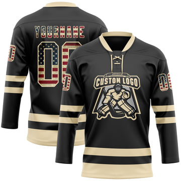 Custom Black Vintage USA Flag-Cream Hockey Lace Neck Jersey