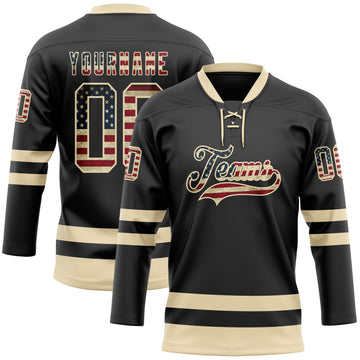 Custom Black Vintage USA Flag-Cream Hockey Lace Neck Jersey