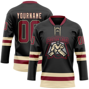 Custom Black Crimson-Cream Hockey Lace Neck Jersey