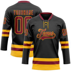 Custom Black Crimson-Gold Hockey Lace Neck Jersey