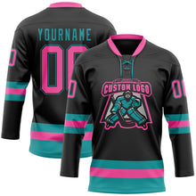 Загрузить изображение в средство просмотра галереи, Custom Black Pink-Teal Hockey Lace Neck Jersey
