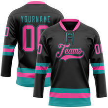 Загрузить изображение в средство просмотра галереи, Custom Black Pink-Teal Hockey Lace Neck Jersey
