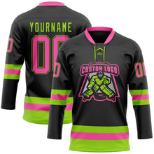 Загрузить изображение в средство просмотра галереи, Custom Black Pink-Neon Green Hockey Lace Neck Jersey
