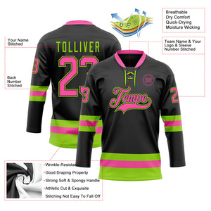 Custom Black Pink-Neon Green Hockey Lace Neck Jersey