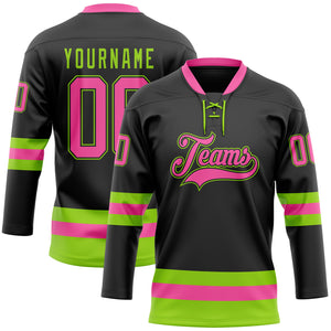 Custom Black Pink-Neon Green Hockey Lace Neck Jersey