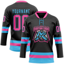 Загрузить изображение в средство просмотра галереи, Custom Black Pink-Sky Blue Hockey Lace Neck Jersey
