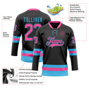 Custom Black Pink-Sky Blue Hockey Lace Neck Jersey