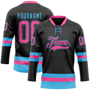 Custom Black Pink-Sky Blue Hockey Lace Neck Jersey