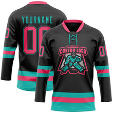 Загрузить изображение в средство просмотра галереи, Custom Black Neon Pink-Aqua Hockey Lace Neck Jersey
