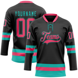 Custom Black Neon Pink-Aqua Hockey Lace Neck Jersey