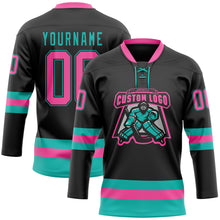 Загрузить изображение в средство просмотра галереи, Custom Black Pink-Aqua Hockey Lace Neck Jersey
