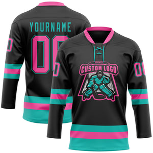 Custom Black Pink-Aqua Hockey Lace Neck Jersey