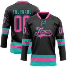 Загрузить изображение в средство просмотра галереи, Custom Black Pink-Aqua Hockey Lace Neck Jersey
