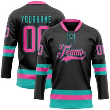 Custom Black Pink-Aqua Hockey Lace Neck Jersey