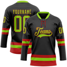 Загрузить изображение в средство просмотра галереи, Custom Black Neon Green-Red Hockey Lace Neck Jersey
