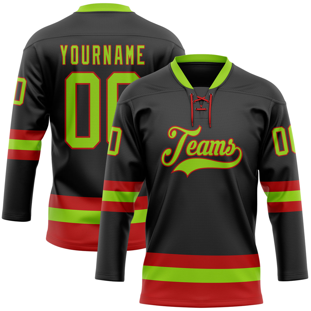 Custom Black Neon Green-Red Hockey Lace Neck Jersey