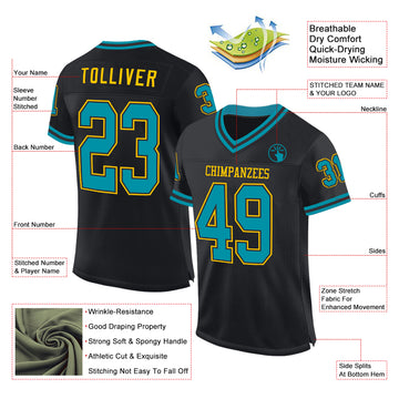 Custom Black Teal-Yellow Mesh Authentic Throwback Football Jersey