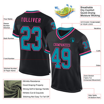 Custom Black Teal-Pink Mesh Authentic Throwback Football Jersey