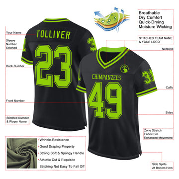 Custom Black Neon Green Mesh Authentic Throwback Football Jersey