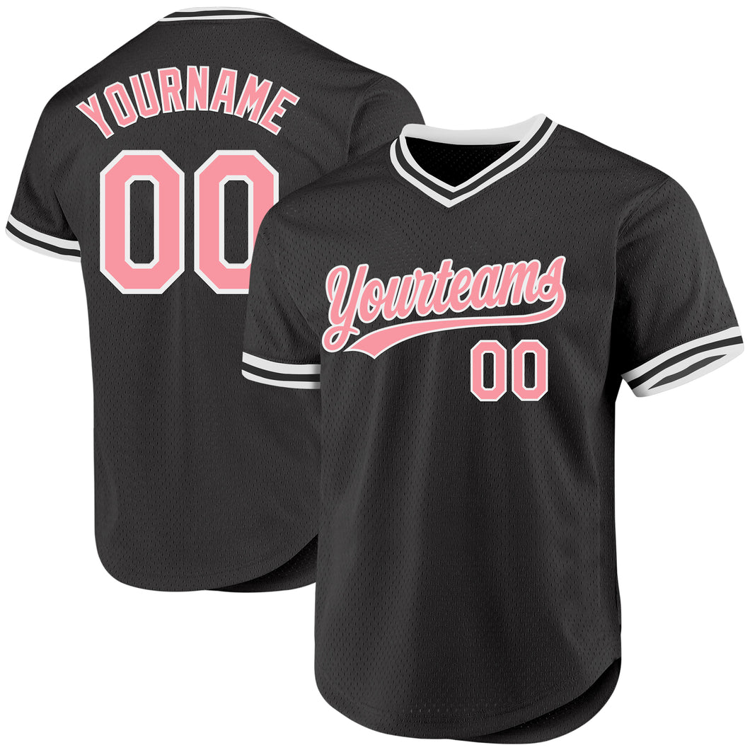 Custom Black Medium Pink-White Authentic Throwback Baseball Jersey