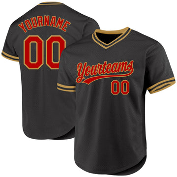 Custom Black Red-Old Gold Authentic Throwback Baseball Jersey