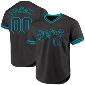 Custom Black Teal Authentic Throwback Baseball Jersey