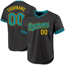 Load image into Gallery viewer, Custom Black Teal-Yellow Authentic Throwback Baseball Jersey
