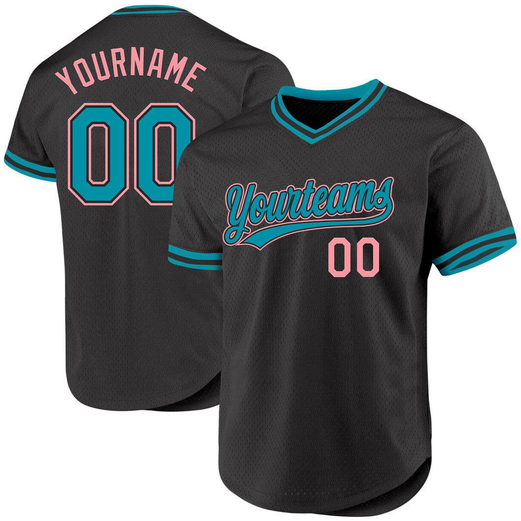 Custom Black Teal-Medium Pink Authentic Throwback Baseball Jersey