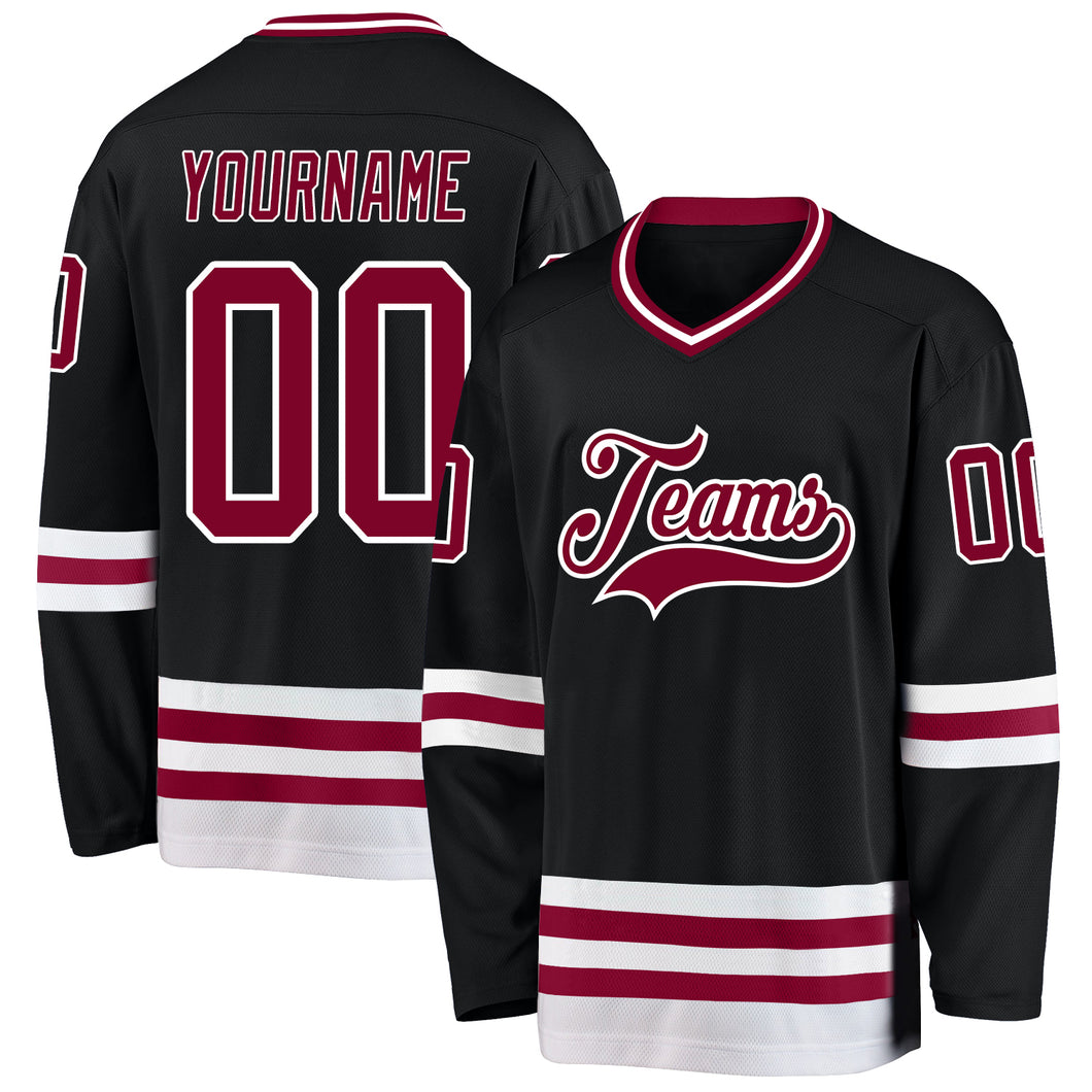 Custom Black Maroon-White Hockey Jersey