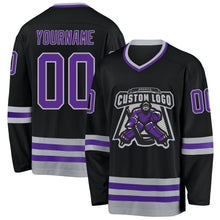 Load image into Gallery viewer, Custom Black Purple-Gray Hockey Jersey
