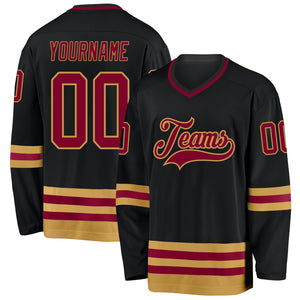 Custom Black Maroon-Old Gold Hockey Jersey