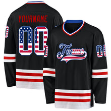 Load image into Gallery viewer, Custom Black USA Flag Royal-Red Hockey Jersey
