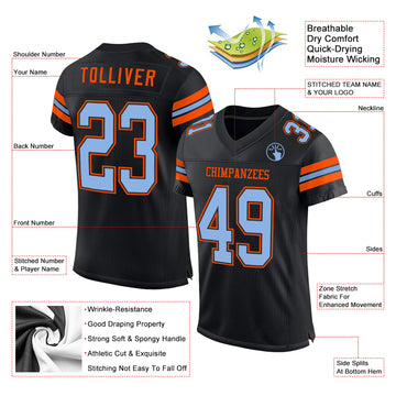 Custom Black Light Blue-Orange Mesh Authentic Football Jersey