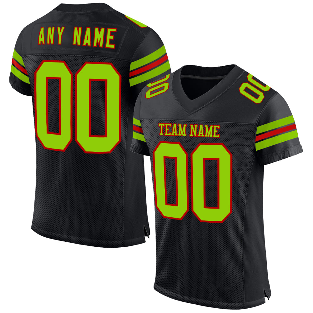 Custom Black Neon Green-Red Mesh Authentic Football Jersey