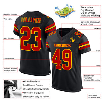 Custom Black Red-Gold Mesh Authentic Football Jersey